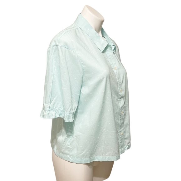Kate Spade Small Mint Green Short Ruffle Sleeve Button Down Polka D… - Picture 3 of 5